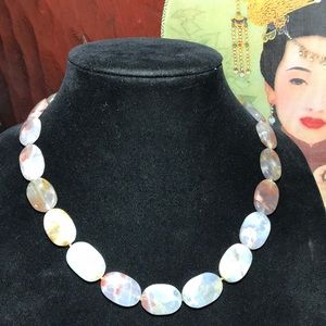 Agate Translucent Stone 20” Necklace EVC Aged Silver Tone Flower Toggle Clasp